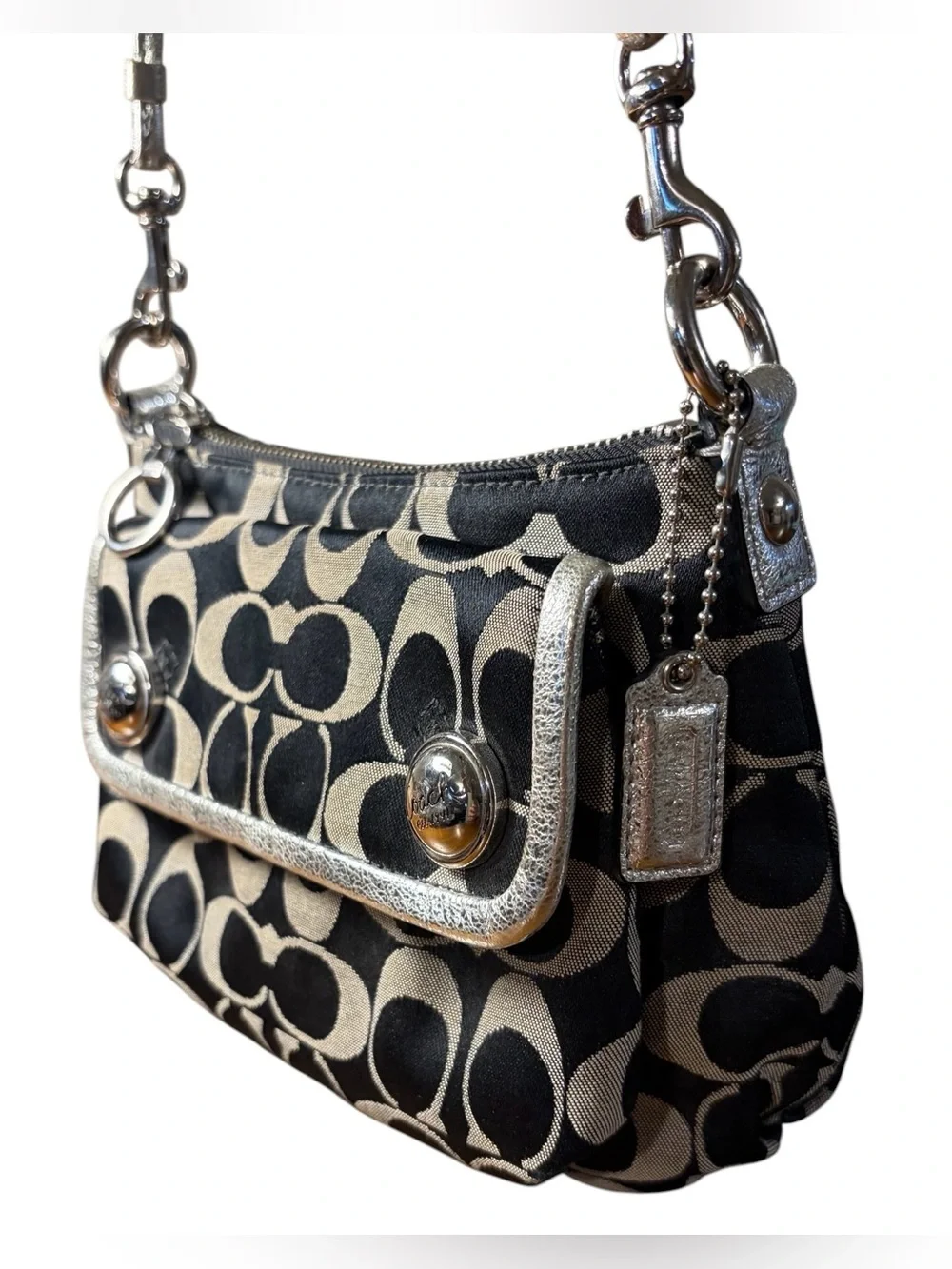 Coach Poppy Signature Pleated Crossbody Bag Black/Grey Metallic Silver - Picture 4 of 9